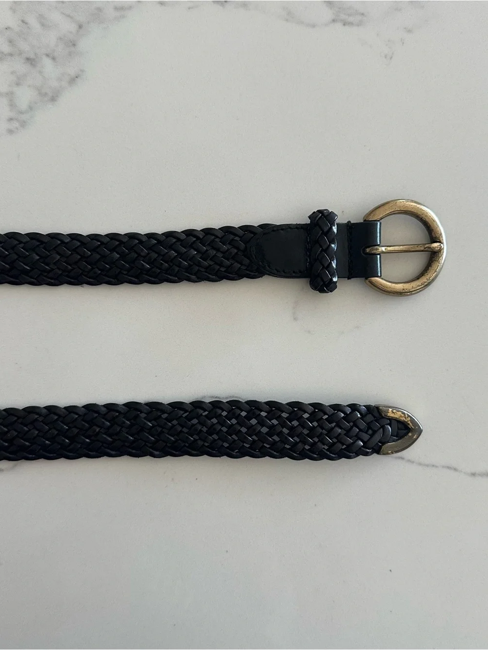 Vintage Talbots Narrow Braided Leather Belt Solid Brass Round Buckle Black Large